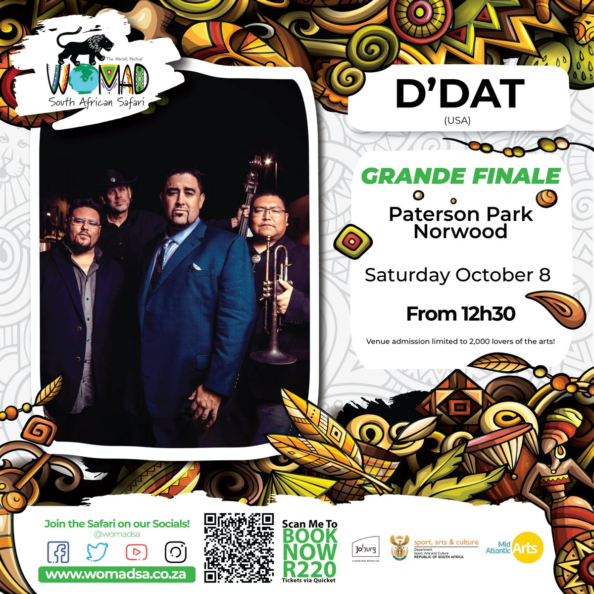 Don't miss one of the tightest, fiery, funky and most exciting instrumental groups to hit the WOMAD South African Safari Stage!!

Special Guest Flex of He and I (SA)

Get your tickets NOW! Limited venue space.
Quicket: qkt.io/GizKOv

#womadsa #womadsa22