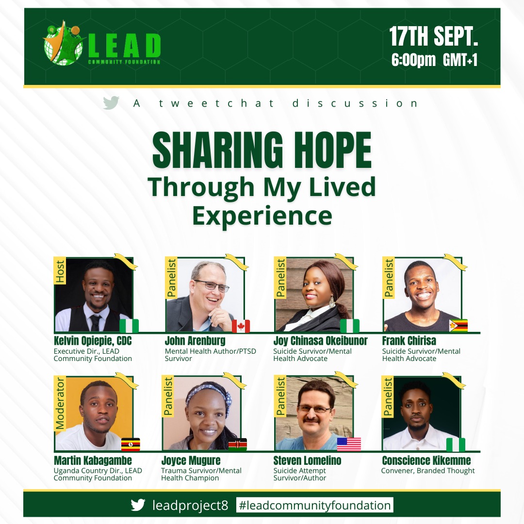 MbabaziRwatooro's tweet photo. SUICIDE PREVENTION MONTH
Join us today as LEAD talks about sharing hope through lived experience. You could learn something.
Follow the link to be part of the conversation.
https://t.co/D0YaDWcYDc
#SuicidePreventionMonth
#leadcommunityfoundation
#leadproject8 https://t.co/pDpy60bvt1