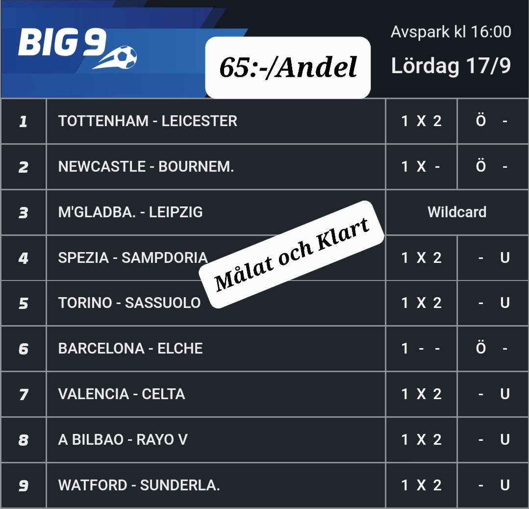 NY BIG 9 VINST FÖR NÅGON MÅNAD SEDAN: 84.044:-

DAGS IDAG IGEN?

1.⭐⭐⭐ "Målat Solklart”, 145:-/Andel (EXKLUSIVT):  atg.se/torsvikstobak/…

2.⭐ "Målat och Klart, 65:-/Andel":  atg.se/torsvikstobak/…

Nu Kör Vi!

Välkomna!
/ Johan Ulvestål