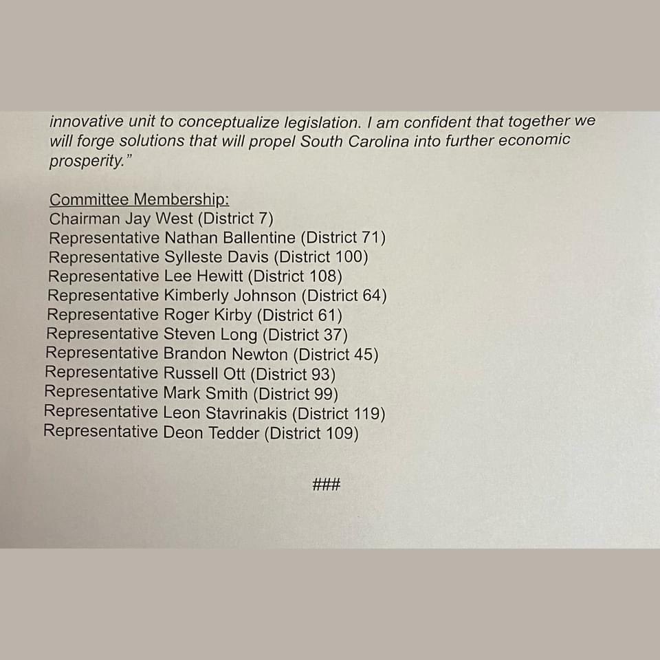 RKirbySC's tweet image. Thank you to Speaker of the SC House Murrell Smith for this opportunity to serve in this capacity. Economic growth and utility infrastructure are so important to the wellbeing and the future successes of our state. This is a great opportunity and I look forward to it!