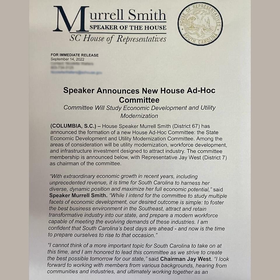 RKirbySC's tweet image. Thank you to Speaker of the SC House Murrell Smith for this opportunity to serve in this capacity. Economic growth and utility infrastructure are so important to the wellbeing and the future successes of our state. This is a great opportunity and I look forward to it!