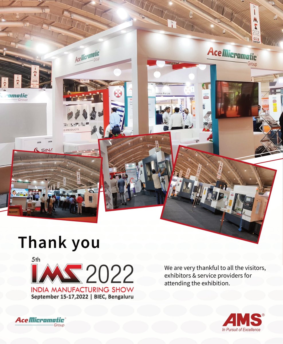 AceMfgSystems's tweet photo. Thank you all the visitors, exhibitors and service providers for attending the exhibition. 

#ims #AceMicromatic #IMS2022 #highprecision #highspeed #machiningcenter #aerospace #precise #MetalCutting #indianmachinetool #exhibition  #technology #makeinindia #aatmanirbharbharat https://t.co/8yNGhnun56