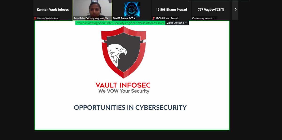 vaultinfosec's tweet photo. @SerinBabu giving college students an overview of #opportunities in cybersecurity.
Venue - Lendi Institute of Engineering and Technology✨
@WicspInt
#cybersecurity #engineering #technology #opportunities #womenintech #wicsp https://t.co/3NrZ7RQHw5