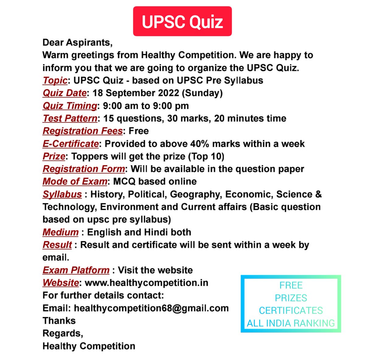 healcompetition's tweet photo. UPSC Quiz will be held on 18 September 2022 Organize by Healthy Competition.
👉Free, Certificates, Prizes and All India Ranking
👉Visit our website https://t.co/Jw5mG7HXs4

#upsc #upscquiz #upsctest #certificate #upsctestseries  #healthycompetition https://t.co/DCVtrF90AG