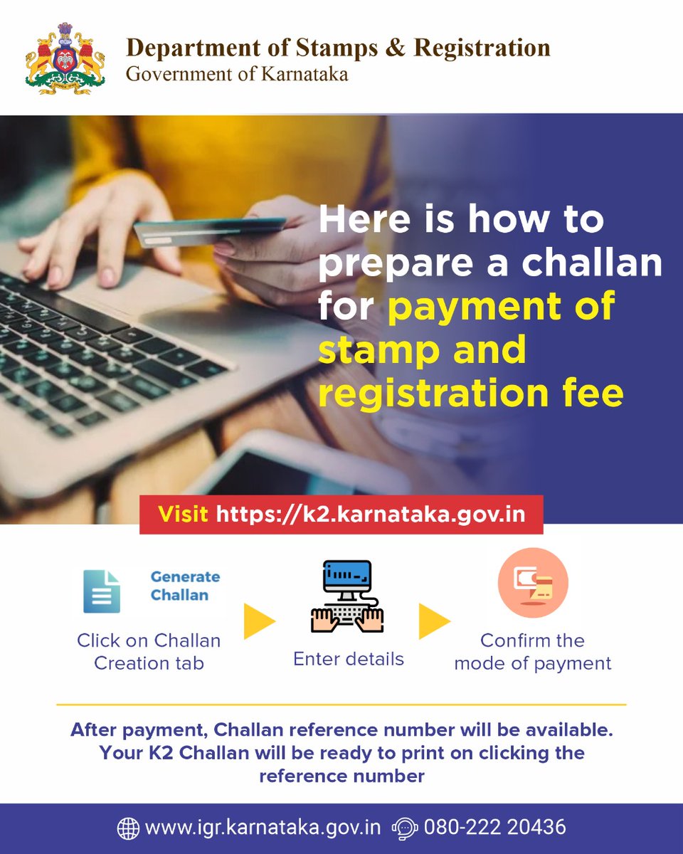 StampsRegistra1's tweet photo. Here is how to prepare a challan for payment of stamp and registration fee

✓ Visit https://t.co/PPb1MhZImT 

✓Click on Challan Creation tab
✓Enter details
✓ Confirm the mode of payment https://t.co/O3mucmwp6R