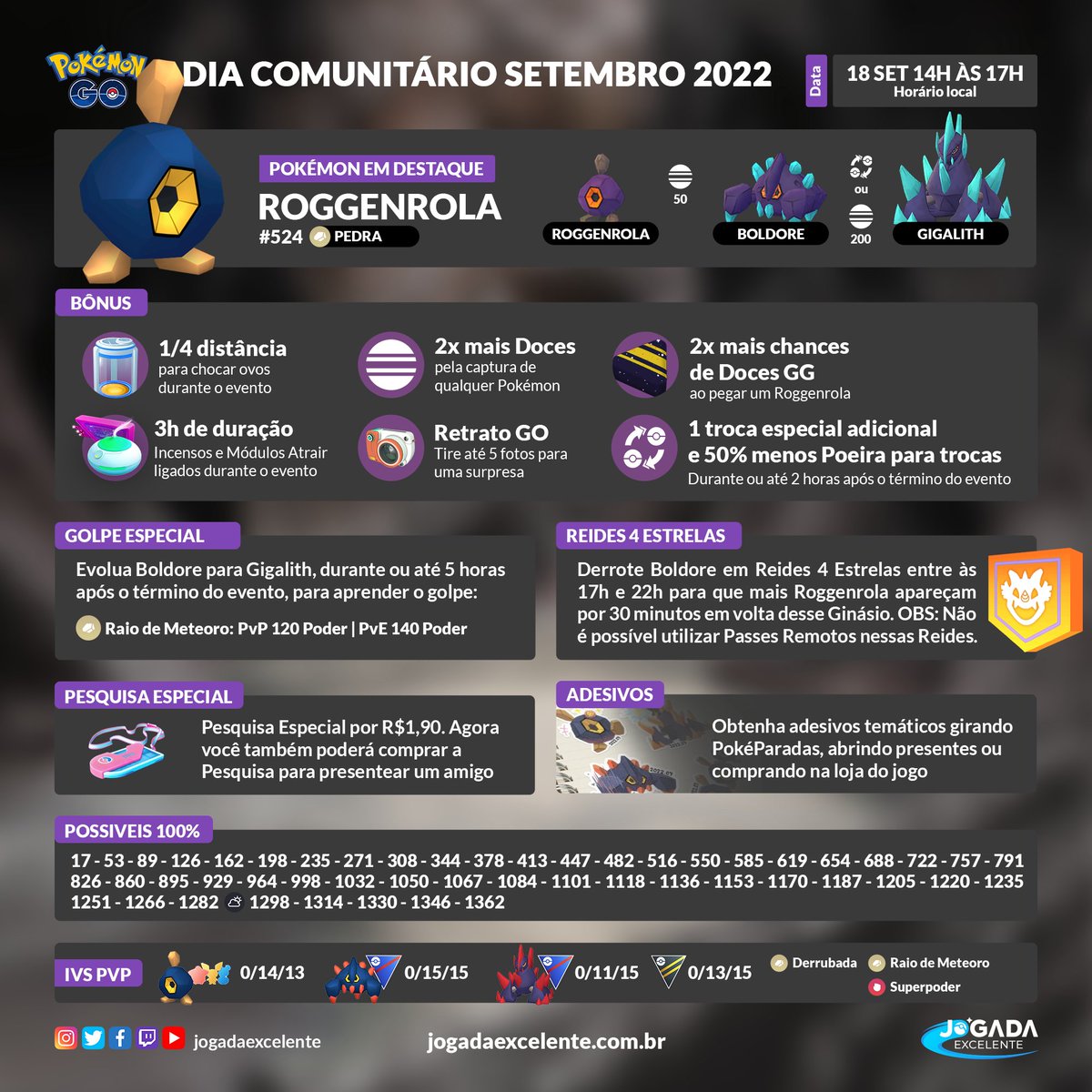 Jogada Excelente on X: Pokémon GO: Entre 15/09 às 17h e 22/09 às