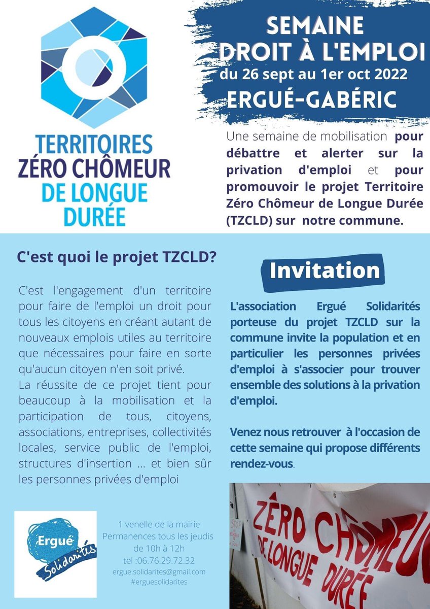 GiseleHELOU's tweet photo. Semaine du Droit à l’Emploi à #erguegaberic du 26 septembre au 1er octobre. Expo toute la semaine ,film et débat le vendredi, ateliers et théâtre le samedi....autour du projet #TZCLD Territoire Zéro Chômeur de Longue Durée https://t.co/24aX0GPdJI