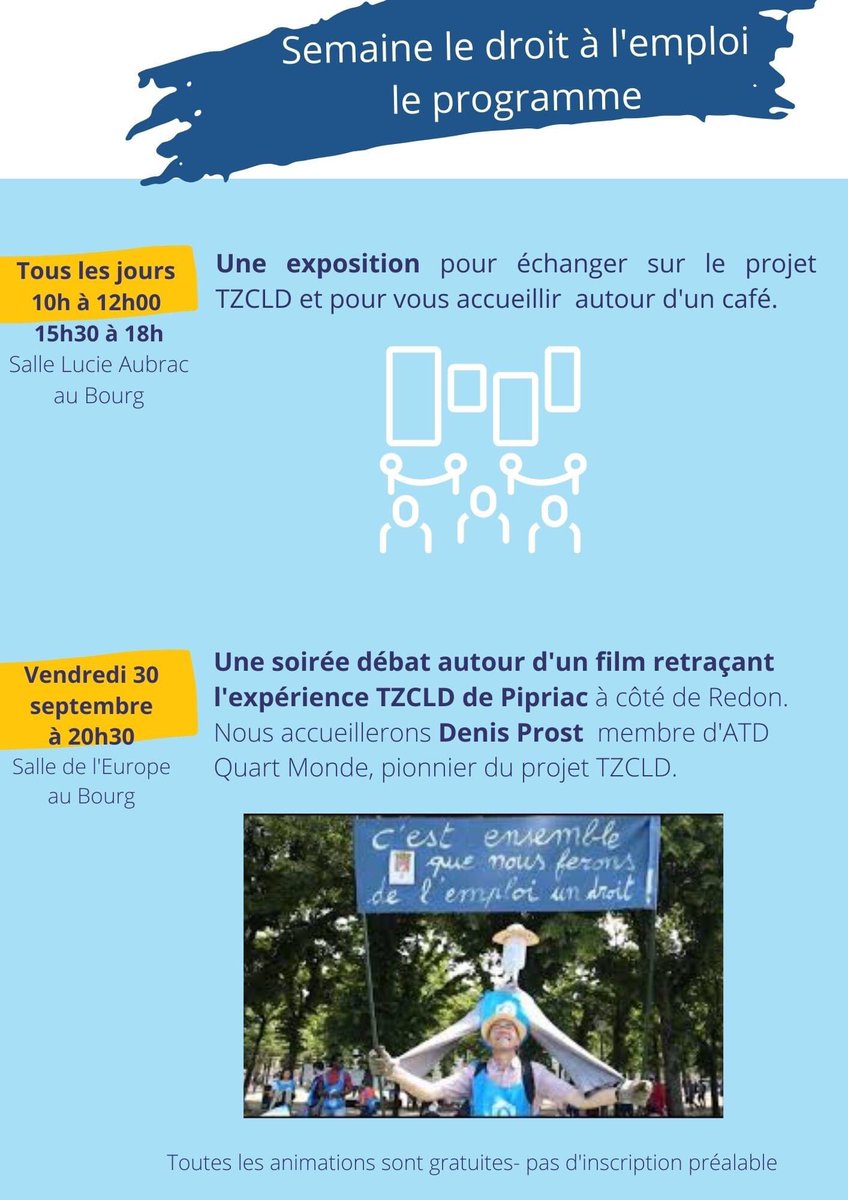 GiseleHELOU's tweet photo. Semaine du Droit à l’Emploi à #erguegaberic du 26 septembre au 1er octobre. Expo toute la semaine ,film et débat le vendredi, ateliers et théâtre le samedi....autour du projet #TZCLD Territoire Zéro Chômeur de Longue Durée https://t.co/24aX0GPdJI