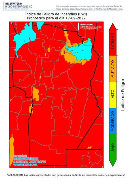 HidroCordoba's tweet photo. Compartimos el Índice de Peligro de Incendios elaborado por el @HidroCordoba para el sábado 17 de setiembre.  Continúa el riesgo extremo en casi la totalidad de la provincia. ¡Precaución! https://t.co/xlThC6ZYxZ