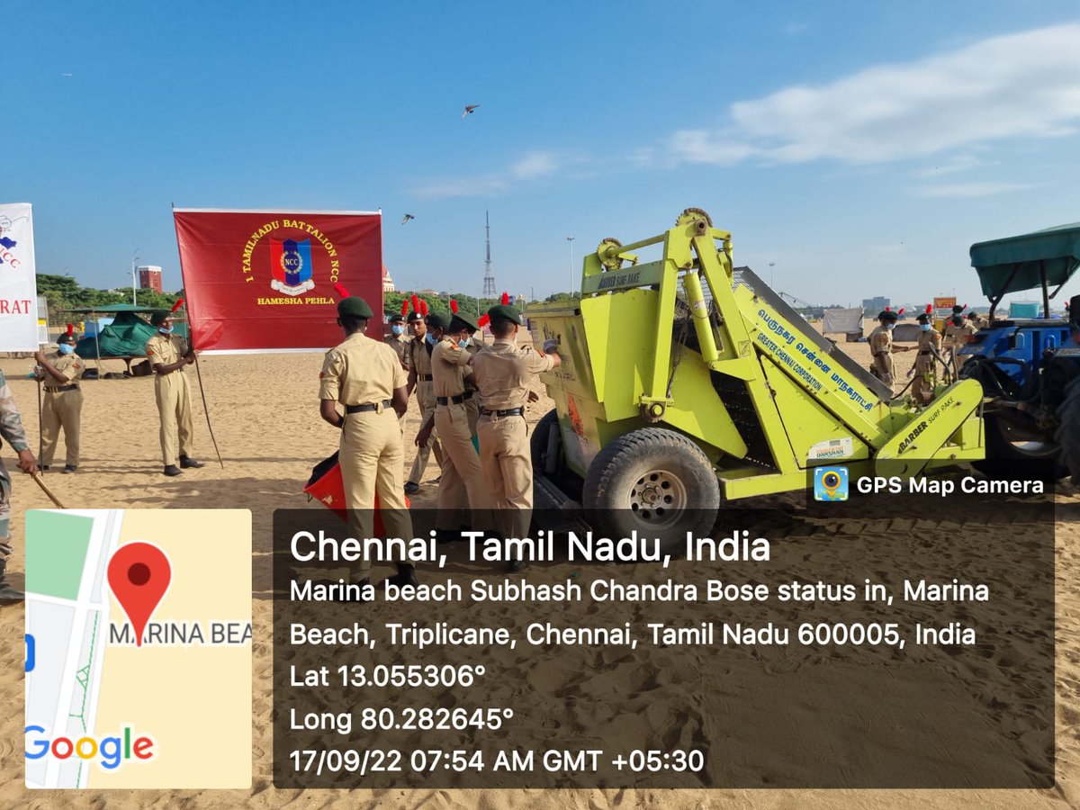NccKcg's tweet photo. On account of International coastal cleanup day {17.09.2022} ,1(TN)BN NCC organized a beach cleaning event, Puneet Sagar Abhiyan at Marina beach in Chennai. 
Our cadets took part in the event actively.
@pibchennai 
@HQ_DG_NCC @Def_PRO_Chennai https://t.co/wvJvQ65shn