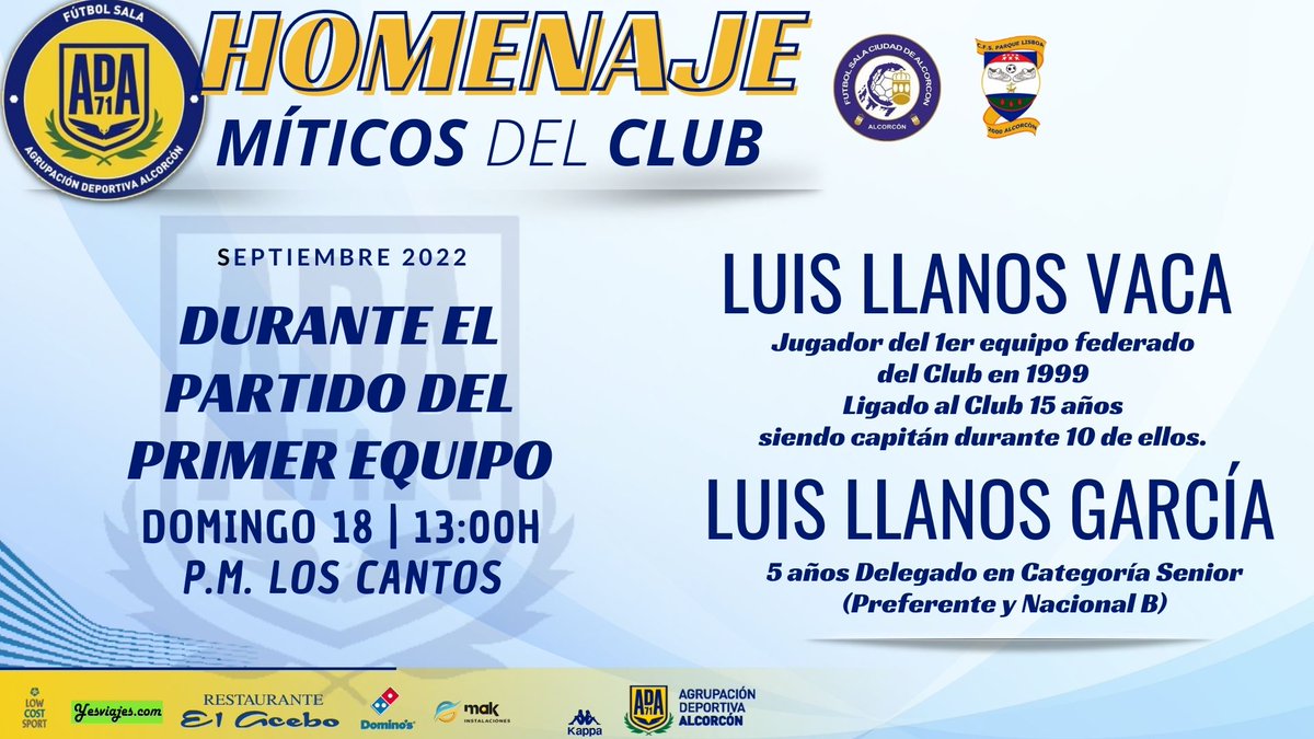 ADAlcorconFS's tweet image. HOMENAJE
MÍTICOS DEL CLUB |

💛Durante el partido del #2aB rendimos homenaje a:

🏅LUIS LLANOS VACA
Jugó con 15 años en el 1er equipo federado'99. Alfarero hasta los 30años siendo Capi 10años en el equipo senior

🏅LUIS LLANOS GARCÍA
5años delegado Senior preferente y nacional B