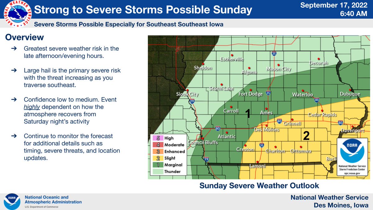 NWSDesMoines's tweet photo. โ ๏ธ Severe weather is possible at times this weekend. There will be chances for showers & storms off and on today & tomorrow, but the more favored times will be during the late afternoon & evening hours. Large hail & damaging wind are the main threat. #iawx https://t.co/42MX5IWytd