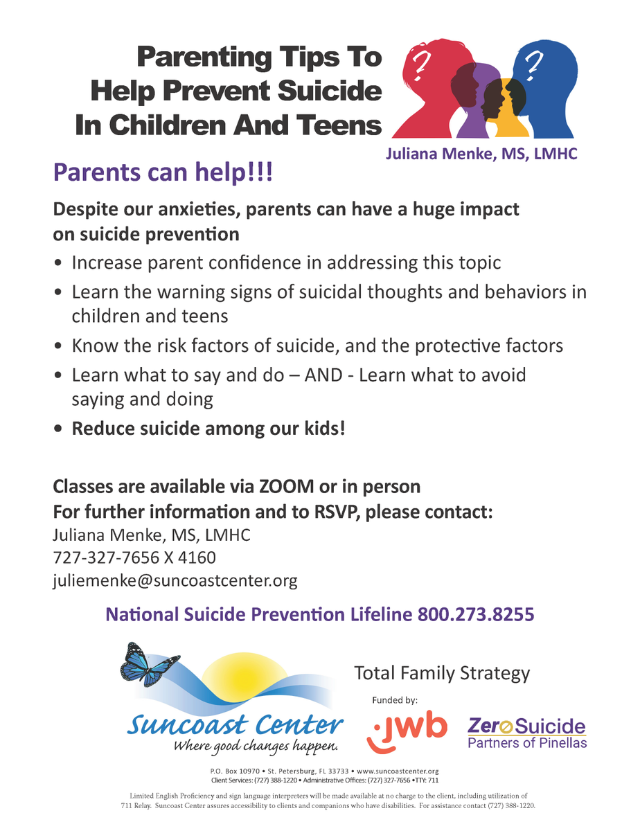 In honor of #SuicidePreventionWeek, we're empowering parents on how important of a role they have in preventing #suicide in children and teens. Classes are available via ZOOM or in-person to teach parents about #suicideprevention. For more info, call 727-327-7656 X 4160.