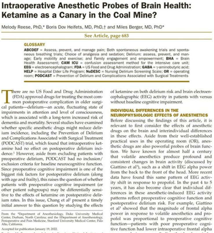 "There are no US FDA-approved drugs for treating the most common postoperative complication in older surgical patients- delirium". Our thoughts on cool recent work by <a href="/OdmaraBarreto/">Odmara Barreto Chang, MD, PhD</a> on the effect of ketamine on postoperative delirium: journals.lww.com/anesthesia-ana…