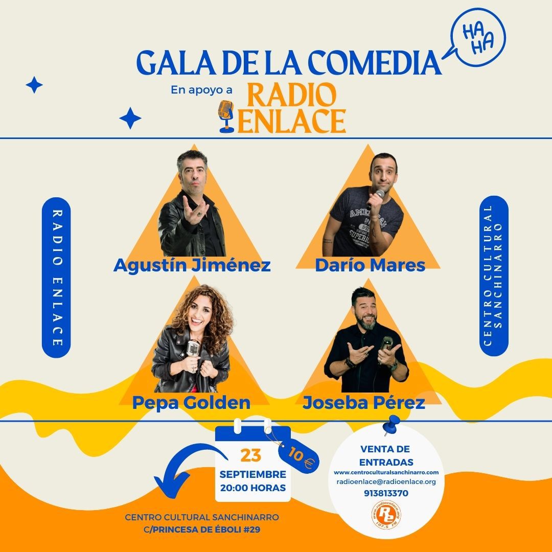 Radio_Enlace's tweet photo. El viernes 23-S hemos quedado con @AGUSTIJIMENEZ, @JosebaComico, @PepaGolden y @ResumePelis para celebrar nuestro 33 aniversario. Compra tu entrada por 10 euros en la radio (c/ Costa del Sol, 13 post.), en el @CCSanchinarro (c/ Princesa de Éboli, 29) y en https://t.co/mDX1UVzFtv. https://t.co/6MKYWTiNM9