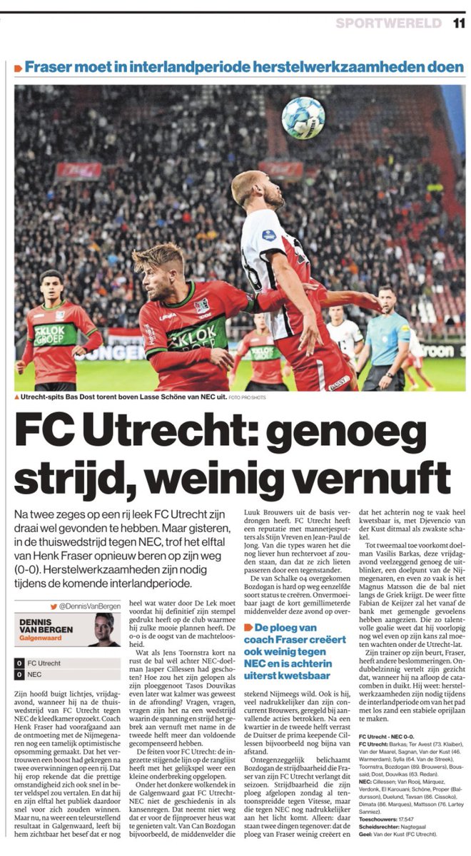 fcutrechtchamps's tweet photo. De kop van het AD van vandaag verwoordt het eigenlijk prima. Met alleen maar ballen richting Bas Dost hoog voor de pot komen we er niet. Te simpel om te verdedigen ook. Kom op Henk Fräser, je moet echt met iets beters komen. #FCUtrecht @fcutrecht #fcunec #utrnec #Fraser https://t.co/mEgGzxn3yA