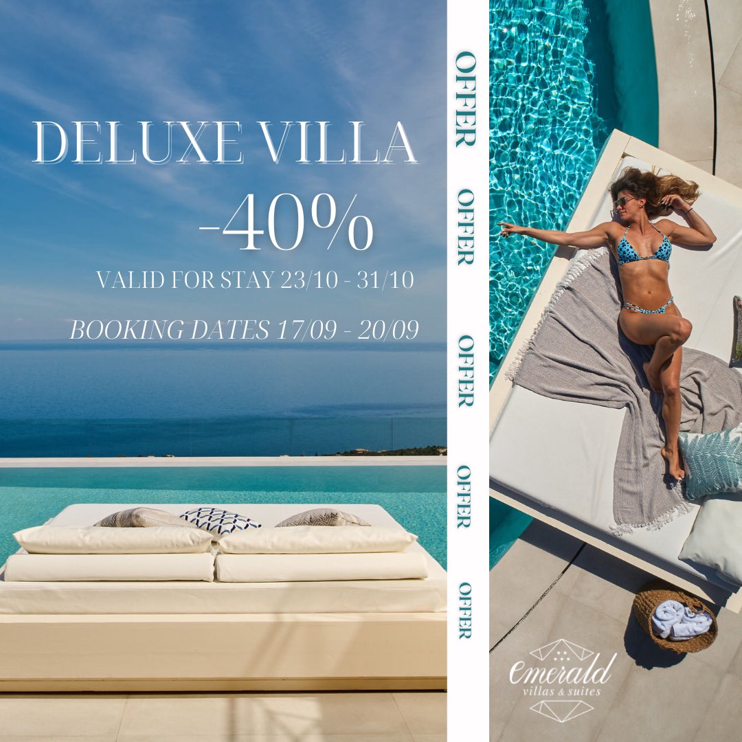 emerald_villas's tweet photo. Experience the unforgettable in the lap of luxury. At Emerald Deluxe Villas accommodation goes beyond the expected. 
💎BOOK NOW your dream vacations in 23/10-31/10 with a -40% OFFER. 
✨The offer is valid for BOOKING DATES 17/09-20/09! 

🌐https://t.co/W3caAdDBGs

#emeraldvillas https://t.co/Fb8SYabGuv