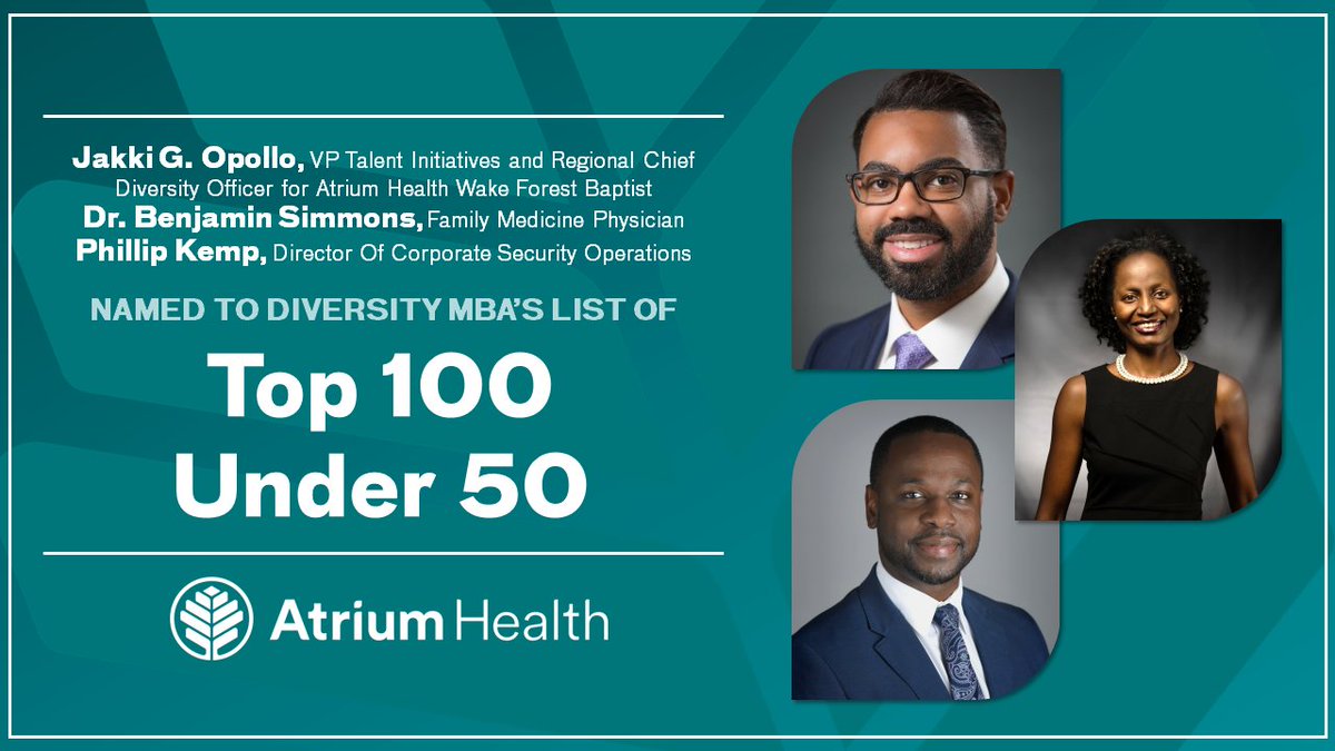 EaddyRonella's tweet photo. Congrats to @AtriumHealth's Jakki G. Opollo, Dr. Benjamin Simmons and Phillip Kemp for being named to @DiversityMBAMag's "Top 100 Under 50" list!

This recognition honors professionals who've made an impact on leadership in their companies and communities. https://t.co/AcopR6GDOA https://t.co/qT9yf4HJ6c