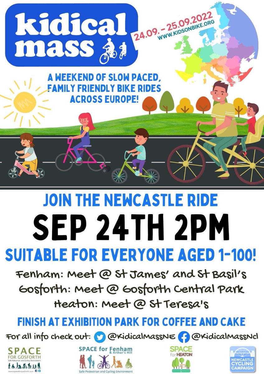 KidicalMassNE's tweet photo. Join us next Saturday for #KidicalMass rides from Fenham, Gosforth &amp; Heaton to show our city leaders that children and young people have the right to safe space for cycling. All welcome and would be wonderful to see local councillors @JaneLabour @NewcastleLabour @NewcastleLibDem https://t.co/xm90laDTg3