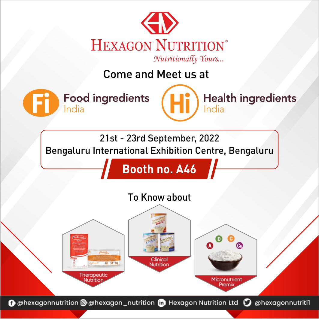 Hexagonutrition's tweet photo. Hexagon Nutrition Limited looks forward to being a part of #FiHiIndia 2022 Bengaluru from 21-23rd September 2022.

Visit us at Booth no A46 - Hall no. 4 and know about the latest Nutraceutical trends in the Food and Nutrition industry.

#expo #fihi #exhibition https://t.co/2RkOBM7UXb