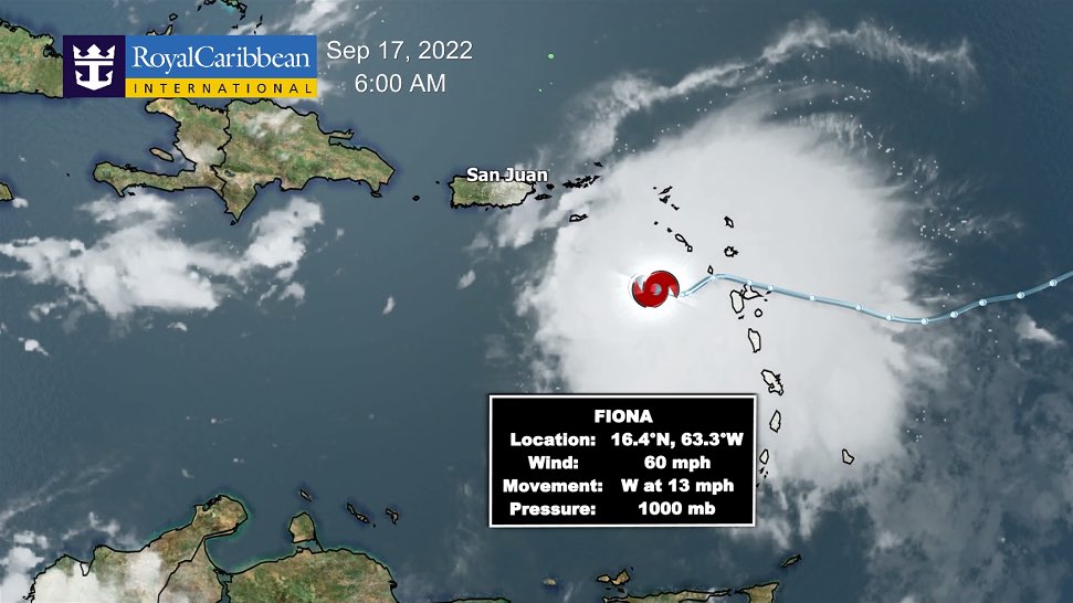JamesVanFleet's tweet photo. Saturday @RoyalCaribbean Tropical Update: Fiona gaining in size and intensity. Expecting to see a stronger storm, possibly more than Models are indicating east of the Bahamas. We can safely make Bahama Ports in the days ahead, but any shift west would likely change that. https://t.co/wFc1uHPzBs