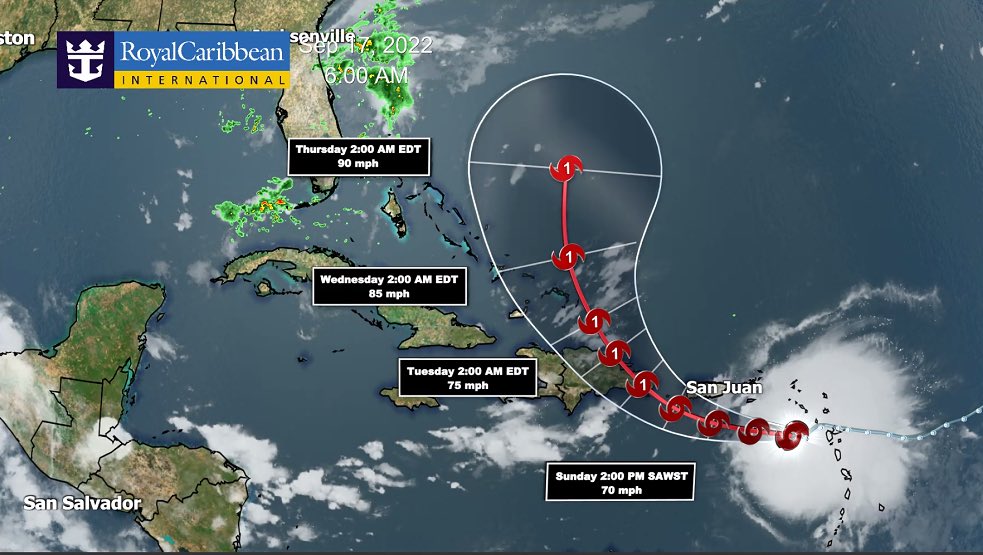 JamesVanFleet's tweet photo. Saturday @RoyalCaribbean Tropical Update: Fiona gaining in size and intensity. Expecting to see a stronger storm, possibly more than Models are indicating east of the Bahamas. We can safely make Bahama Ports in the days ahead, but any shift west would likely change that. https://t.co/wFc1uHPzBs