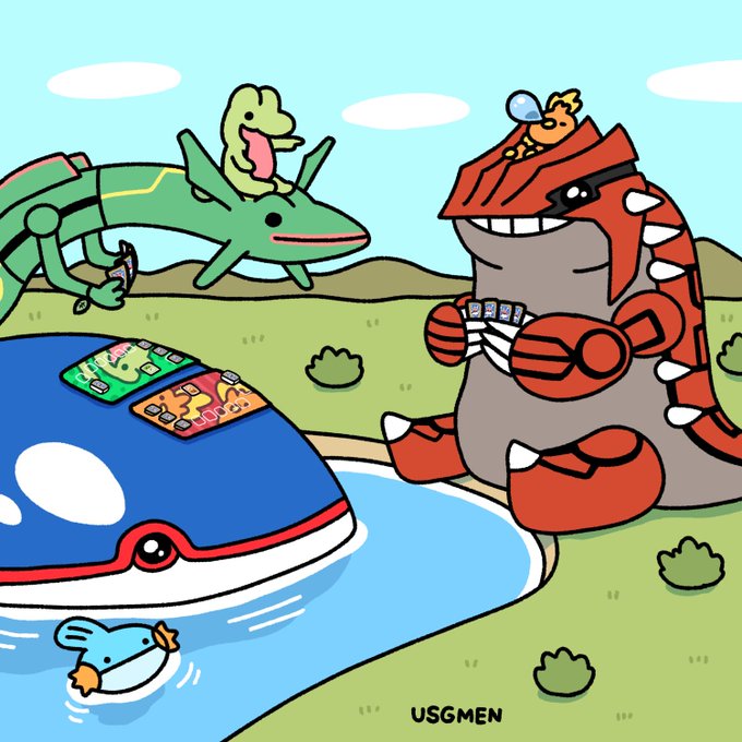 ポケカの大会の練習をする伝説のポケモンと御三家 