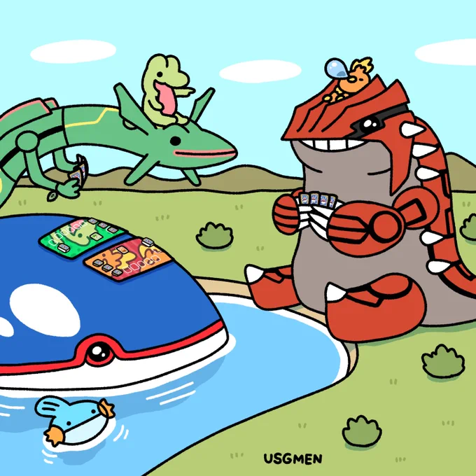 ポケカの大会の練習をする伝説のポケモンと御三家 