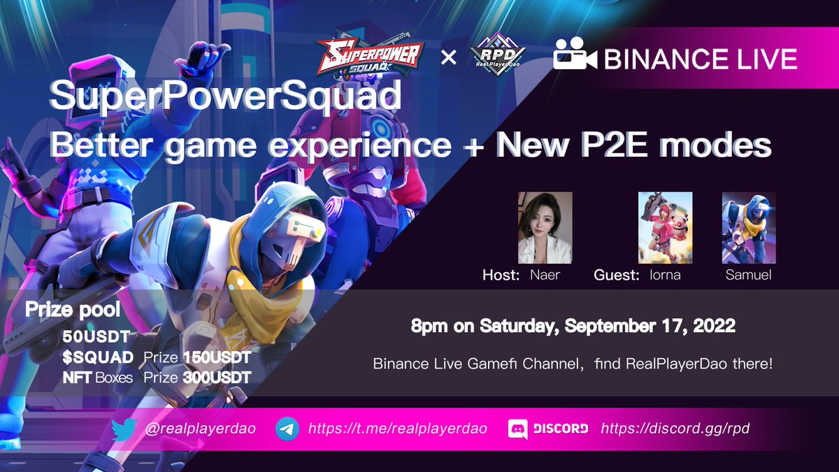Superpow_Squad's tweet photo. 🤩We are pleased to announce that @Superpow_Squad is joining an #BINANCE  LIVE session with @realplayerdao, Sep 17th, at 12:00 PM (UTC).

📍 Venue: https://t.co/mEfkK6u8nC…

Rewards: $SQUAD(worth $150) 

Participate and win #rewards
🔹Follow 
🔹Retweet + @ 3 friends
🔹Like https://t.co/X0UcWhgybX