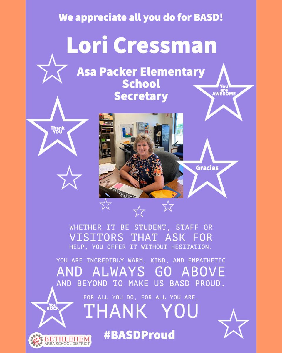 Our BASD highlighted staff member of the week is Lori Cressman, Secretary at <a href="/AsaPackerBASD/">AsaPacker</a> 

Read more in our BASD e-news: express.adobe.com/page/m6xbFz7ty… #BASDproud #BuildingBethlehem