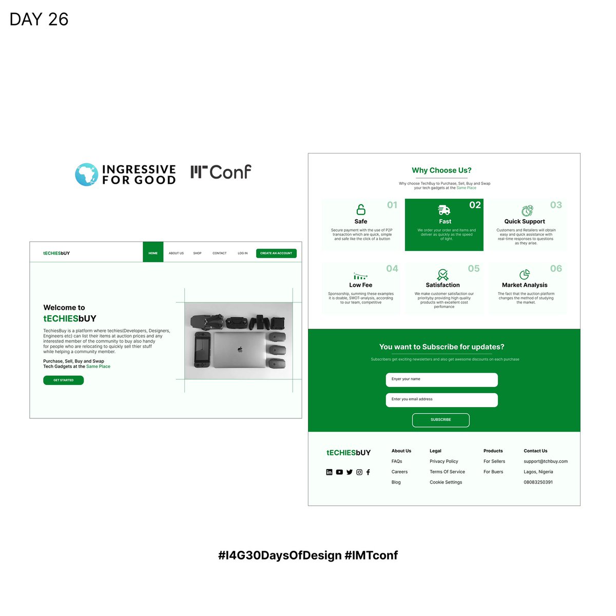 yinkathinker's tweet photo. #day26 Design a landing page for a web application where techies can list their items at auction prices and any interested community members can buy.
Your reviews will be well appreciated. 😉
@Ingressive4Good @IMTConf
#I4G30DaysOfDesign #imfconf https://t.co/YKwh20Uumd