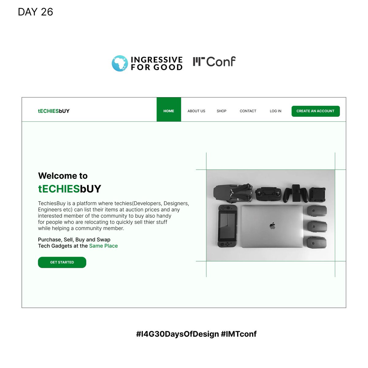 yinkathinker's tweet photo. #day26 Design a landing page for a web application where techies can list their items at auction prices and any interested community members can buy.
Your reviews will be well appreciated. 😉
@Ingressive4Good @IMTConf
#I4G30DaysOfDesign #imfconf https://t.co/YKwh20Uumd