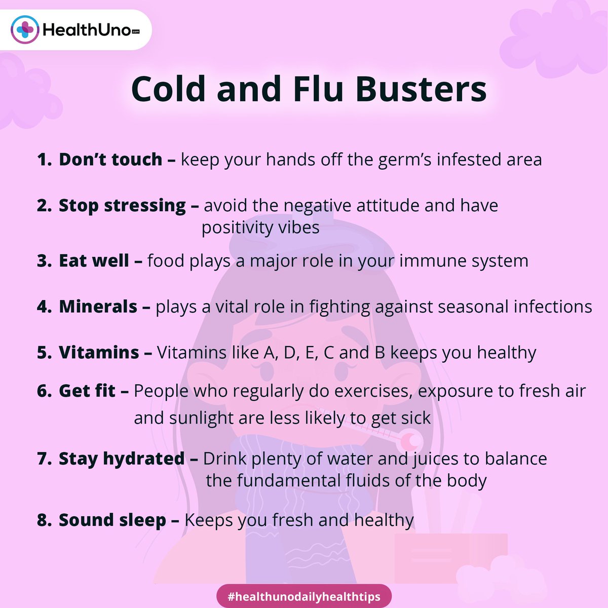 Cold and flu busters
#cold #coldissue #vitamins #flu #flubusters #eatwell #minerals #sunlight #stress #sleep  #healthunodailyhealth_tips #healthunohealthcare #health #dailytips #anti #dailyupdates #dailyhealthnews #dailyhealthtips #healthunodailyupdates #healthunodailyhealthtips