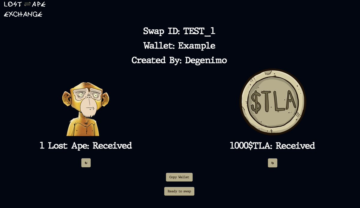 The Lost Ape Swap is one of many in-house tools we are in the middle of building 👷‍♂️

Soon you will be able to part ways with a Lost Ape you don't vibe with for the price of 1000 $TLA . In return you will get given a random Ape from our Swap Bank of 50+ Lost Apes.

Coming soon 🤫
