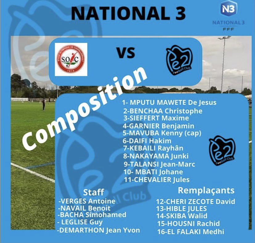 Le FCPE2M à Châtellerault, la compo de l’équipe. Forza Les Portes ⚽️⚫️🔵#national3 <a href="/FFF/">FFF</a> <a href="/LigueFootballNA/">Ligue de Football Nouvelle-Aquitaine ⭐️⭐️</a>