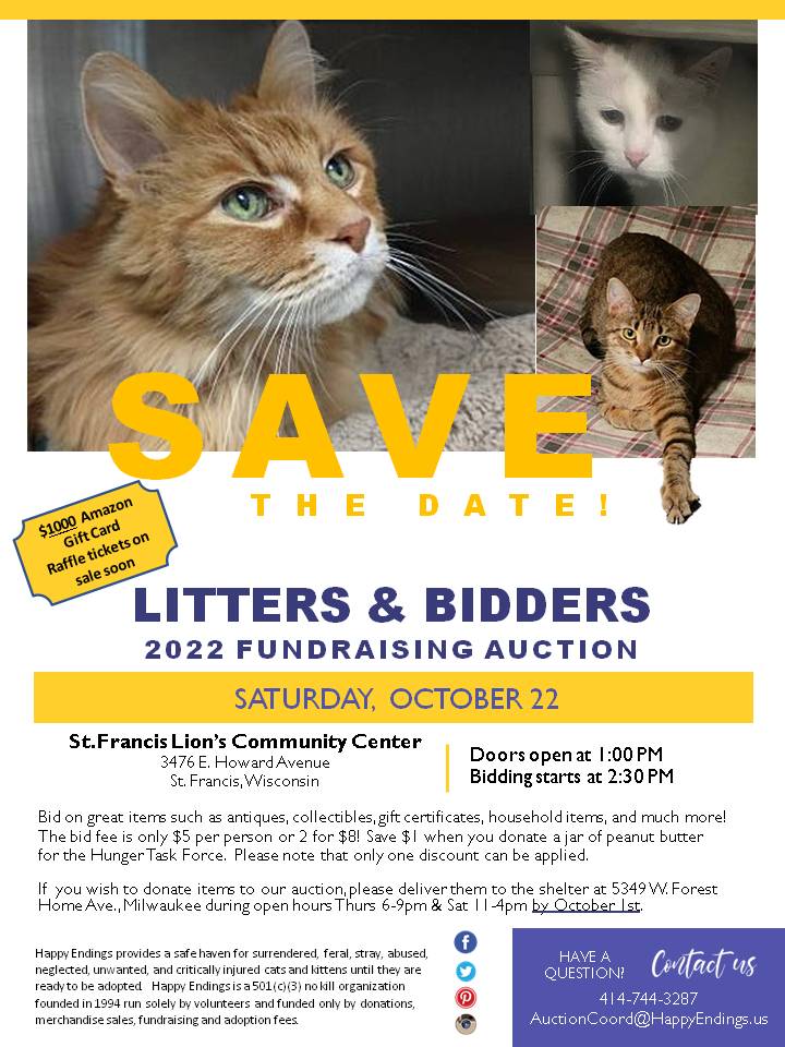 HappyEndingsWI's tweet photo. Deadline for auction items is Oct 1st. Items can be dropped off during open hours Thurs 6-9 pm and Sat 11-4 pm. Be sure to pick up your raffle tickets for the $1000 Amazon gift card $10/ea or 6/$50. Watch this space for auction item previews! https://t.co/X5ESZV6Ips