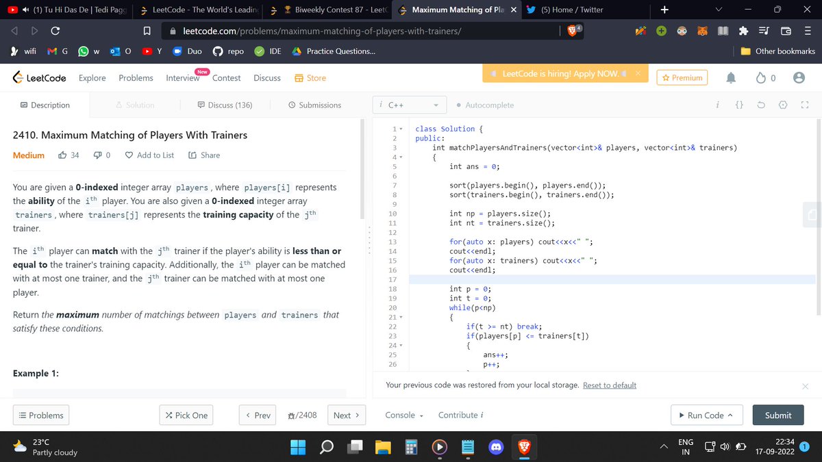 SumrenderS's tweet photo. Day 79 of the 100 Days of Code
@CodeinCommunity @MinutesCoding
Q - Match Players and Trainers
Code: https://t.co/e9RT1c8Mje
Discord community: https://t.co/MMcOpdDSba
#100daysofcodechallenge #codeincommunity #codein100daysofcode #s100daysofcode #coding https://t.co/vzFCxxnRlF