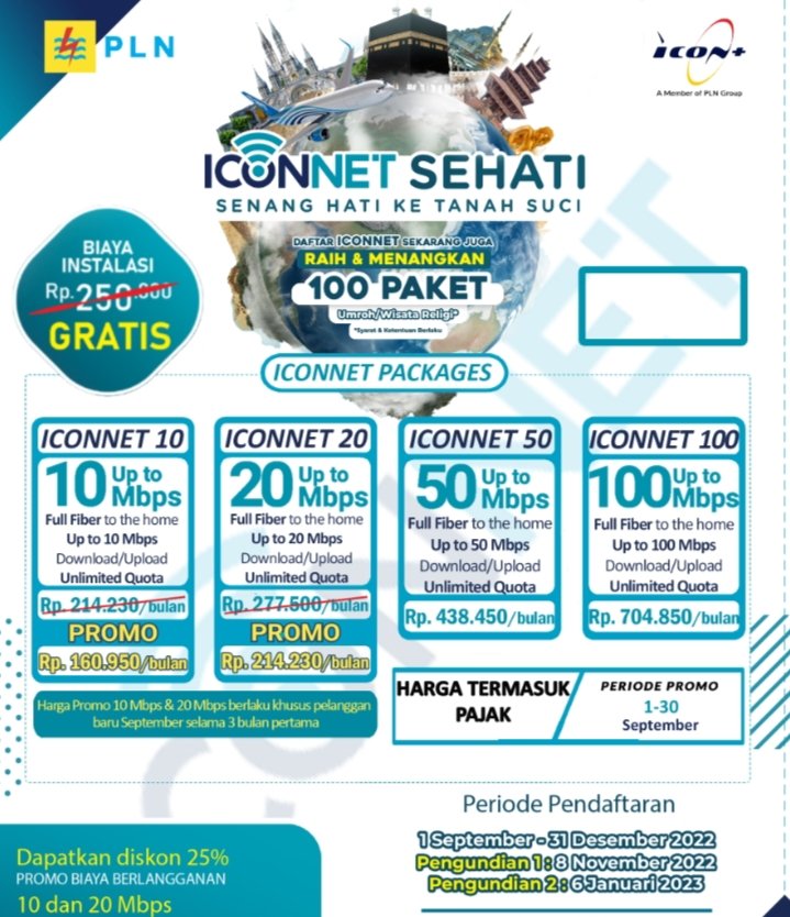 IconnetJambi's tweet photo. Promo Gratis pasang baru
Promo 25% 10 &amp; 20mbps
Undian Umroh

Daftar : https://t.co/JMjz307DEO

#iconnet #iconnetjambi #wifijambi #WiFi #wifipln #promowifi #internetjambi #unlimited #promoseptember #fiberoptic https://t.co/xkQAKs9n1f