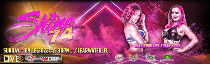 Tomorrow!! #SHINE74 

<a href="/RealKaciLennox/">Kaci Lennox</a> vs <a href="/TracyNyxx/">Tracy Nyxx</a> 

Doors Open – 4:30 PM EDT
Bell Time – 5:30 PM EDT

VIP: $20*
GA: $15*
Kids 9-16 GA: $10 with a paid adult*

Tickets available at RoadHouseNation.com 

iPPV available at WWNLive.com 

#WomensWrestling #WWN