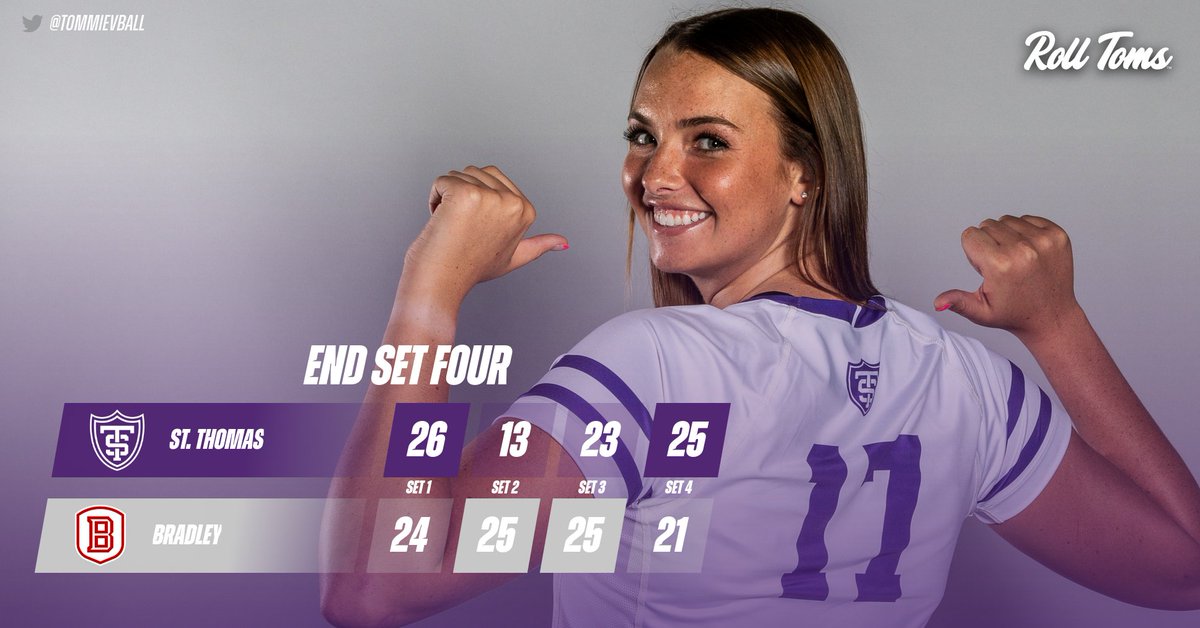 Tommievball's tweet photo. SET FOUR: The Tommies rally from down 11-5 to force a fifth set!

#RollToms: 26 | 13 | 23 | 25 (2)
Bradley: 24 | 25 | 25 | 21 (2) https://t.co/e9rkQrCFVu