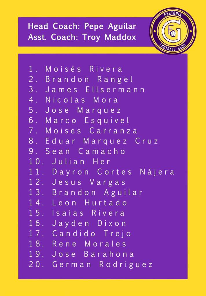 GastoniaFc's tweet photo. Today’s 20 man roster! #GFC https://t.co/e6KrKyd9Gy