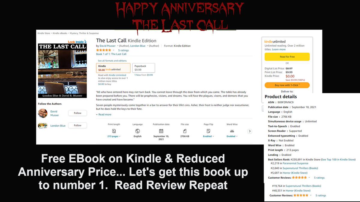 USAHorrorAuthor's tweet image. FREE!!!!  EBOOK on Kindle. The Last Call celebrating it's anniversary!  If purgatory was a bar, could you take the stage to defend your life?
amazon.com/Last-Call-Davi…
Up to 211 in the rankings now... get it now!
#ReadReviewRepeat #freeebook #free #kindle #supernatural #book