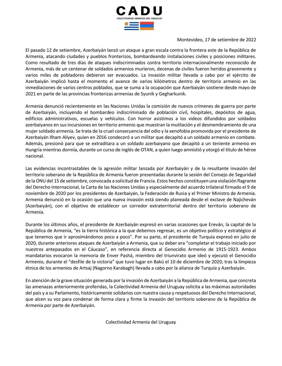 causaarmeniauy's tweet photo. ⚠️ Compartimos comunicado de la Colectividad Armenia del Uruguay (@UyCadu) que denuncia la invasión militar del territorio soberano de #Armenia por parte de #Azerbaiyán y pide a las máximas autoridades de #Uruguay que condenen al país agresor de forma "clara y firme". https://t.co/y2k4E5L9eW