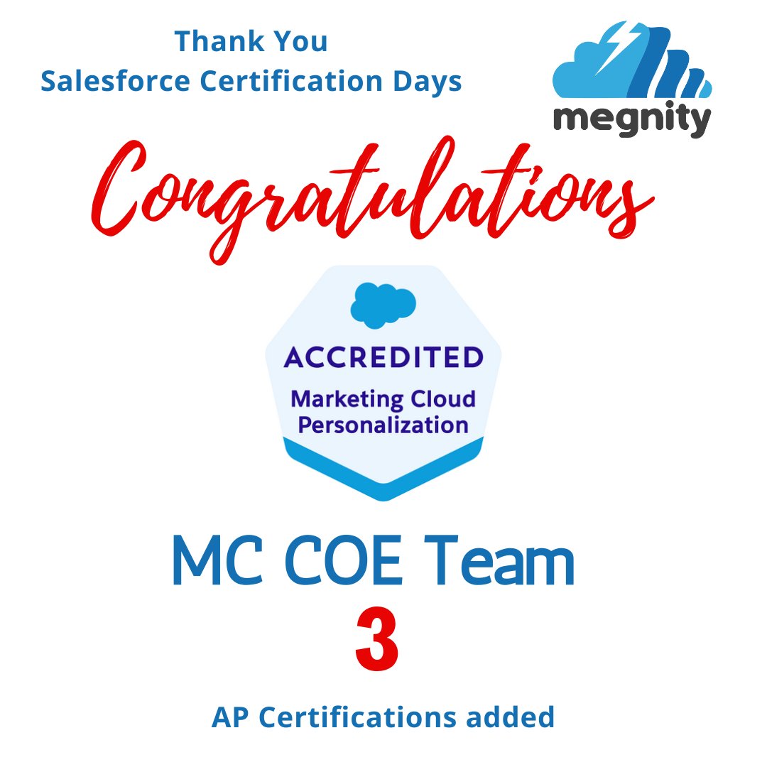 MegnityTech's tweet photo. Congratulations Marketing Cloud (MC) Center of Excellence (COE) Team for achieving 3 Accredited Professional Certifications.
#salesforceCertificationDays #Dreamforce22 #salesforcemarketingCloud #marketingcloud #salesforceAccrediation #mcaccrediated #interactionstudio https://t.co/RT9EF91l7J