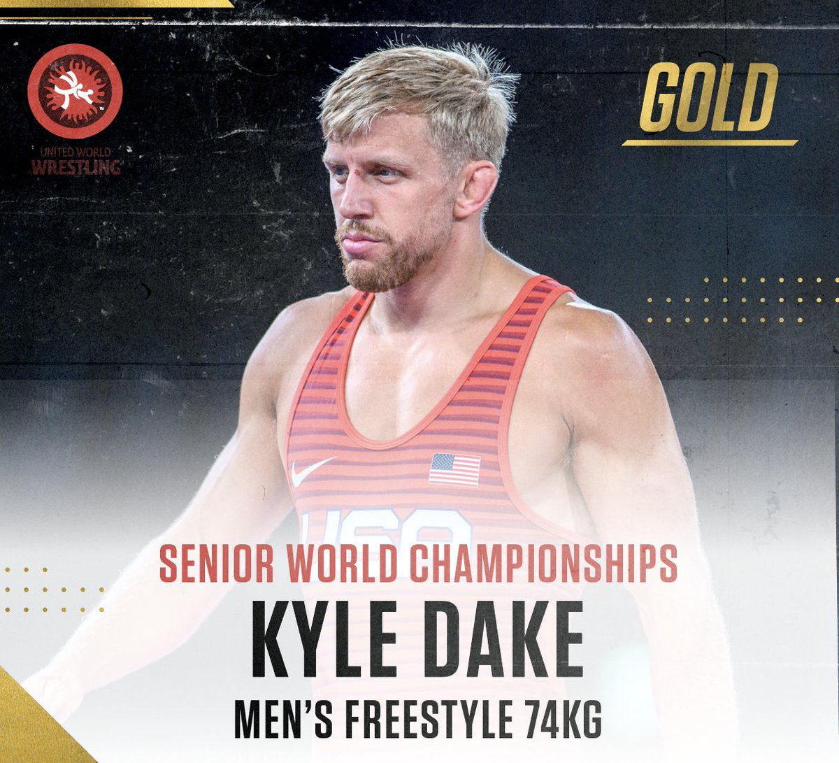 FloWrestling's tweet photo. 4x WORLD CHAMPION! 🥇🥇🥇🥇

Kyle Dake gets the 3-1 victory &amp; claims back to back gold at 74kg https://t.co/9hVlVtsRBF