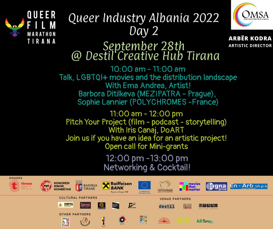Queerfilmtirana's tweet photo. QUEER INDUSTRY ALBANIA
Tuesday 27th and Wednesday 28th of September 2022, DISTILL. 🎞🎬 🇦🇱🏳️🌈
@Queerfilmtirana
@OMSAalbania
@CityOfTirana
@tiranaeyc
@NYC_Albania
@AICSTirana
@EUinAlbania
@MoviesMatter
@agnagroup
@RaiffeisenShqi
#destil
#ArtivistStafetë
#Doart https://t.co/kiVsqCz8DT