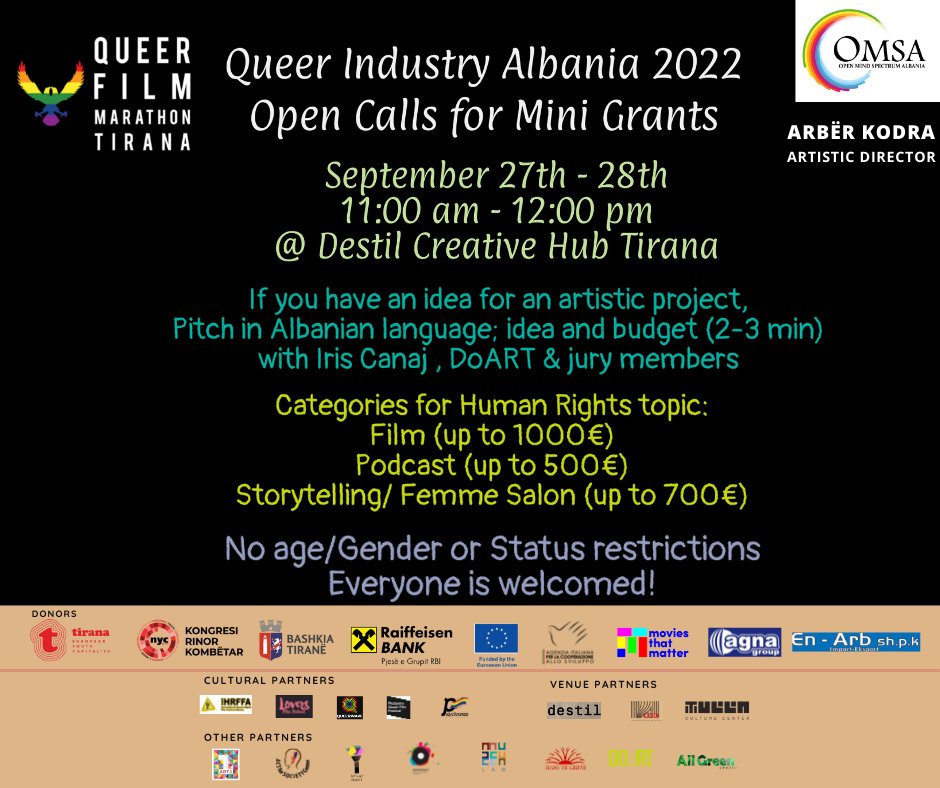 Queerfilmtirana's tweet photo. QUEER INDUSTRY ALBANIA
Tuesday 27th and Wednesday 28th of September 2022, DISTILL. 🎞🎬 🇦🇱🏳️🌈
@Queerfilmtirana
@OMSAalbania
@CityOfTirana
@tiranaeyc
@NYC_Albania
@AICSTirana
@EUinAlbania
@MoviesMatter
@agnagroup
@RaiffeisenShqi
#destil
#ArtivistStafetë
#Doart https://t.co/kiVsqCz8DT