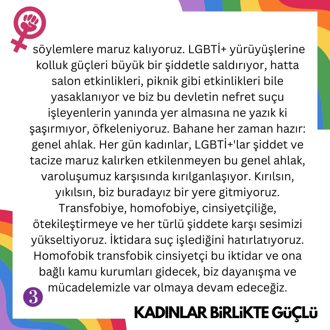 18 Eylül'de yıllardır LGBTİ+lara yönelen açık devlet şiddetini yeni bir aşamaya sıçratacak LGBTİ+ karşıtı mitinge İstanbul Valiliği'nce izin veriliyor. İktidara suç işlediğini hatırlatıyoruz. Buradayız, bir yere gitmiyoruz. Biz dayanışma ve mücadelemizle var olmaya devam edeceğiz