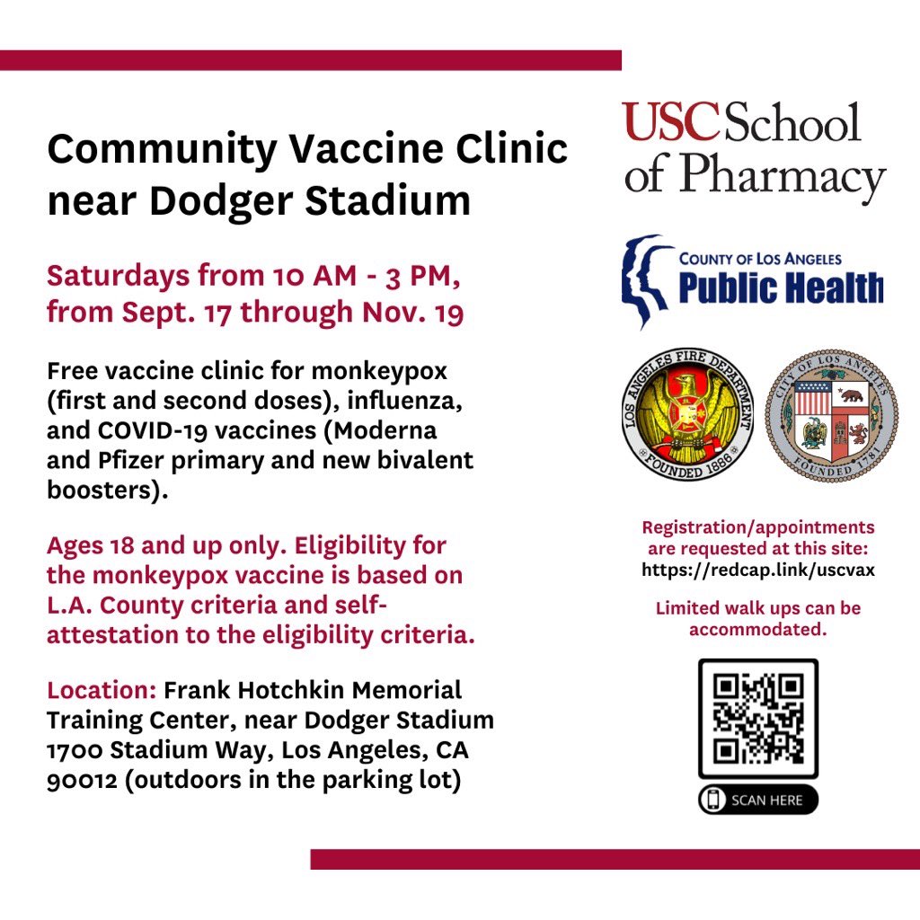 New vaccine clinic near Dodgers Stadium with bivalent Covid booster, flu and Monkeypox vaccine (Jynneos) open until 3 pm today. #losangeles #dtla