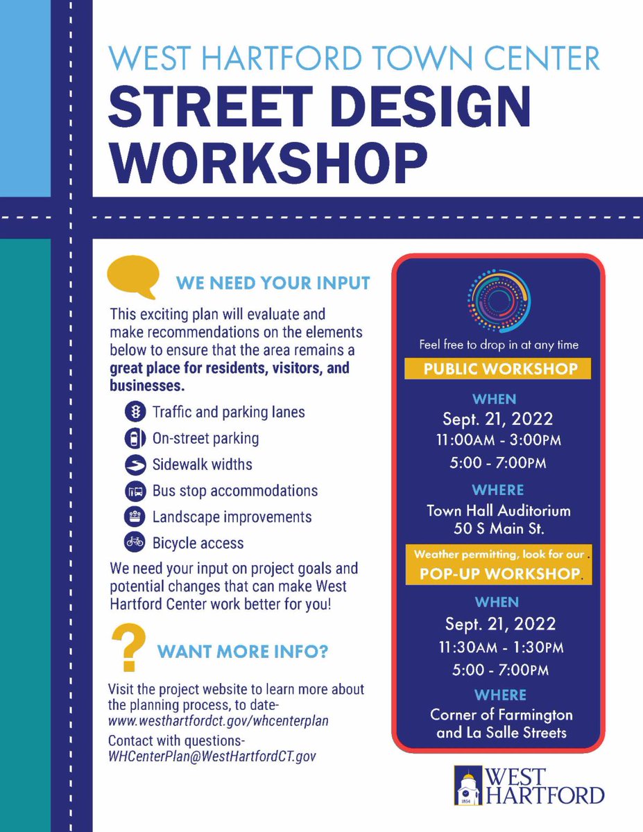 TownofWestHrtfd's tweet photo. The public is also invited to offer their thoughts and ideas at our West Hartford Center Street Design workshops on Wednesday, Sept. 21. https://t.co/EUmKycVZ3K
https://t.co/rq7ZY43qJf https://t.co/L2arh23iOa